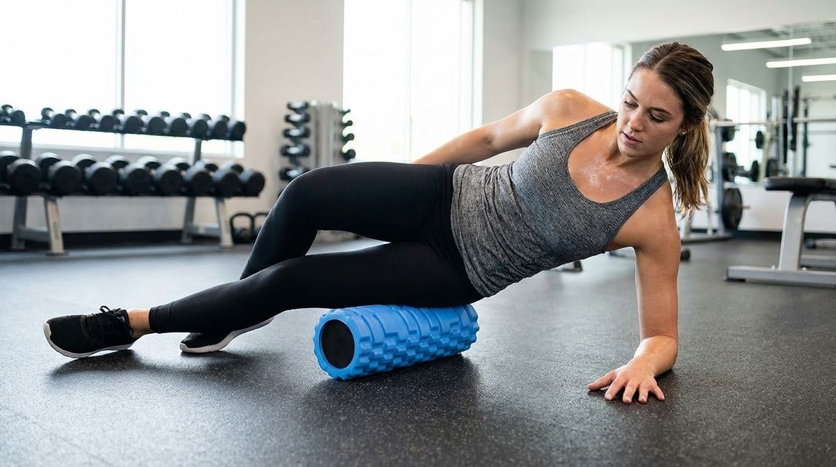 A woman in a grey tank top and black leggings uses a blue textured foam roller on her leg in a gym.