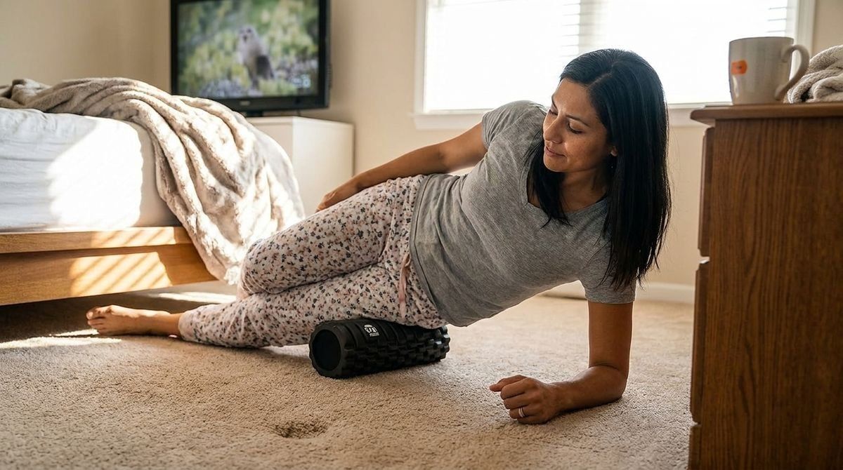A woman in pajamas uses a black foam roller on her leg while lying on a carpeted floor in a bedroom.
