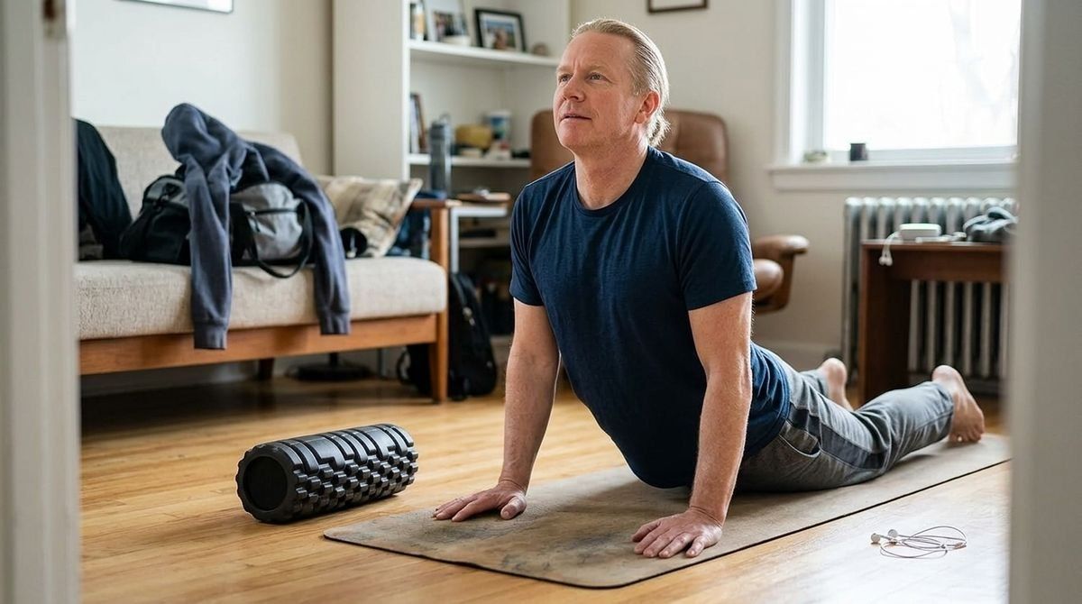 A man in a blue t-shirt performs a cobra stretch on a yoga mat in a living room, with a black foam roller nearby.