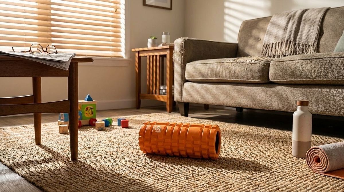 An orange textured foam roller, a yoga mat, and a water bottle are on a jute rug in a sunlit living room with toys.