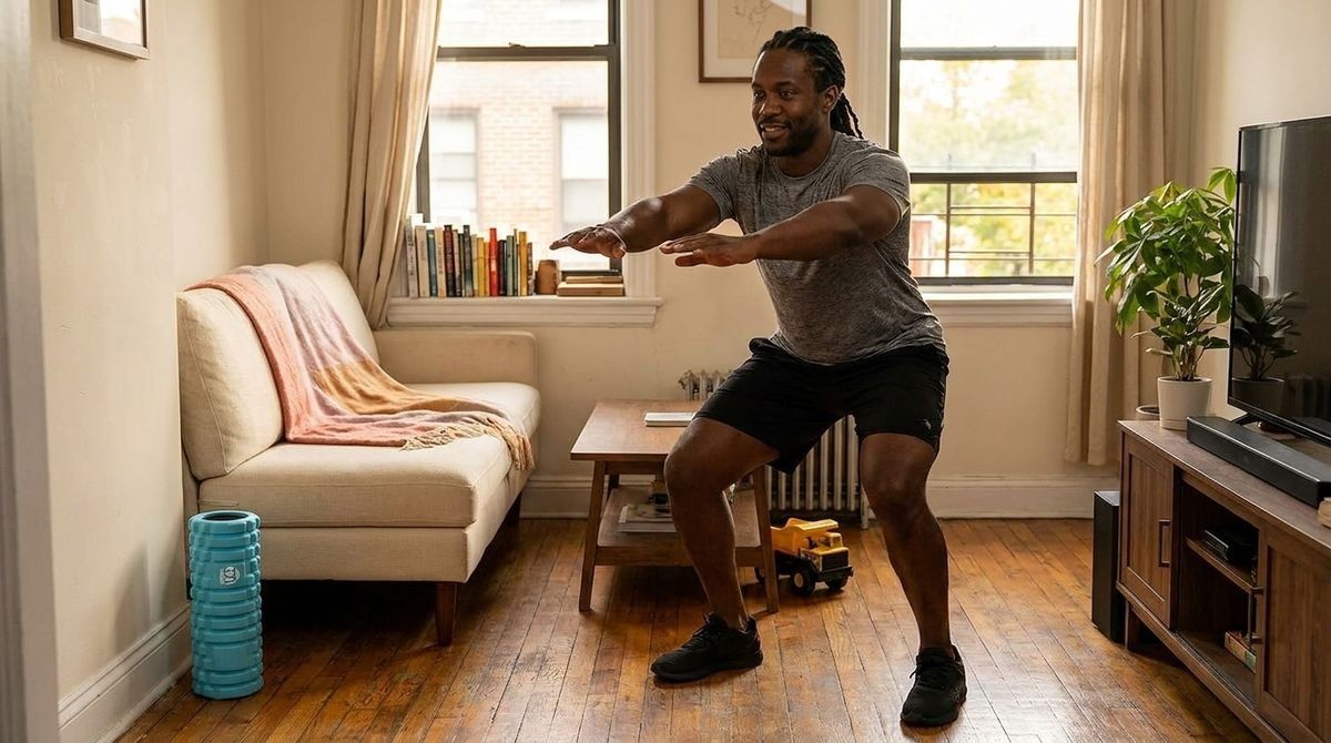 A man in a grey t-shirt and black shorts performs a squat in a living room with a blue foam roller nearby.