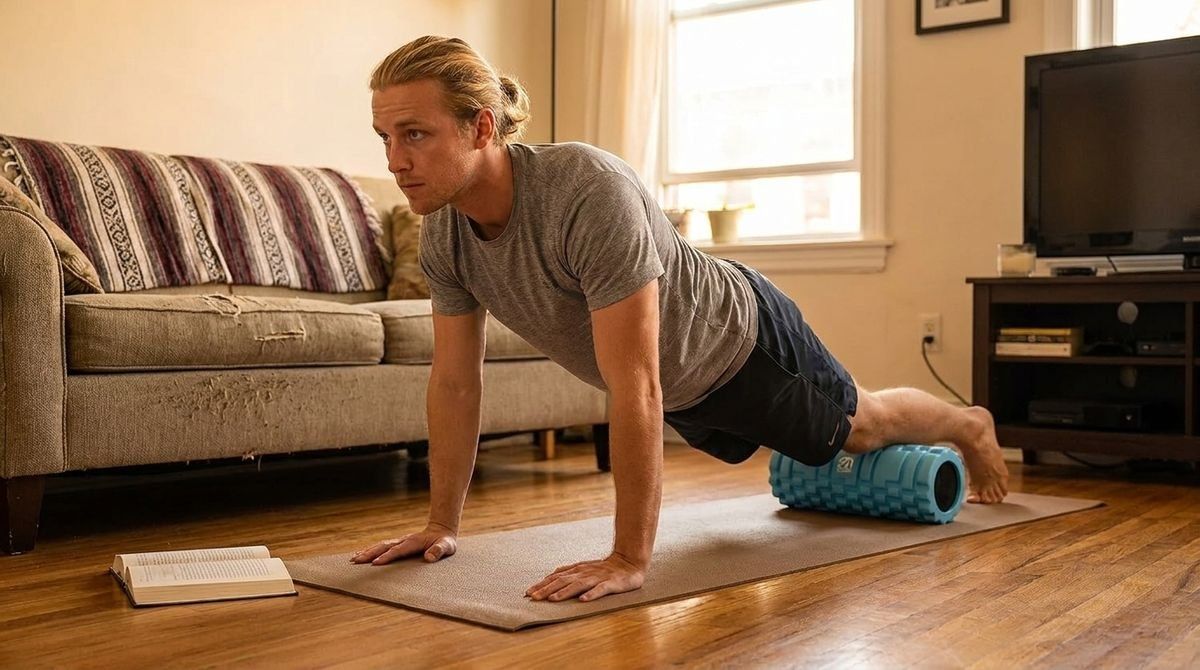 A man in a grey t-shirt and shorts uses a blue foam roller on his shins while in a plank position on a yoga mat in a living room.