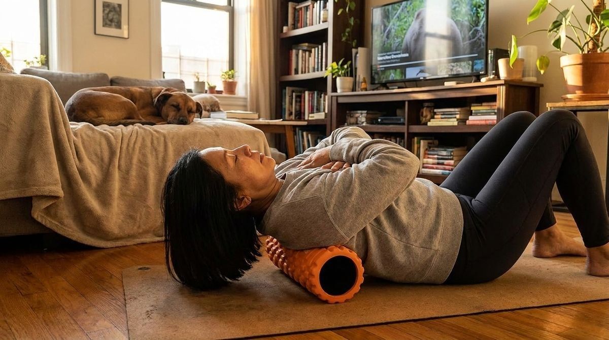 A person uses an orange foam roller on their back while lying on a mat in a living room with a dog on the couch.