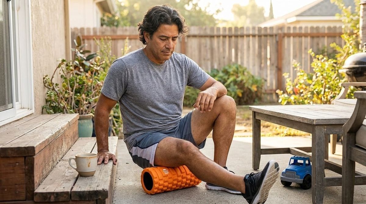 A man is using an orange foam roller on his hamstring while sitting on a patio.