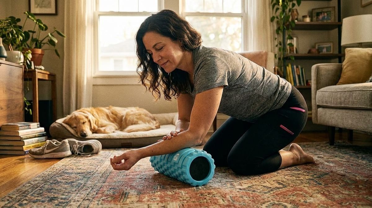 A woman kneels on a rug, using a blue textured foam roller on her forearm in a living room.