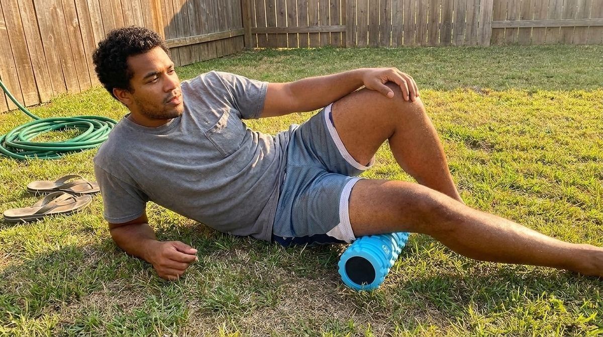 A man is using a blue foam roller on his leg in a grassy backyard.