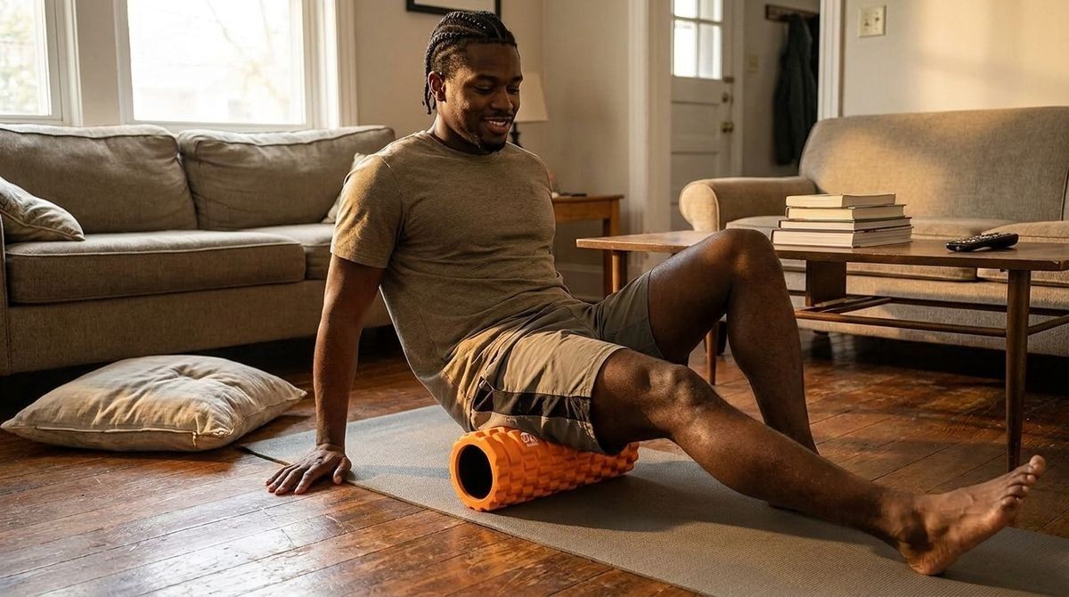A man uses an orange textured foam roller on his hamstring while sitting on a yoga mat in a living room.