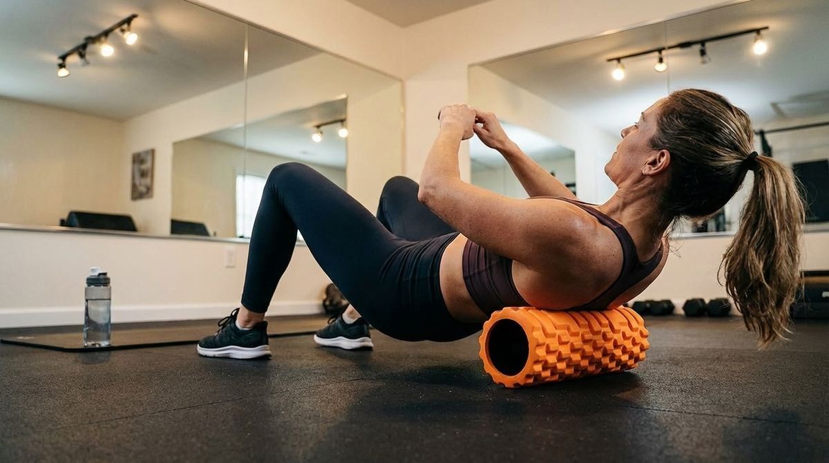 A woman in activewear uses an orange textured foam roller on her back in a gym setting.