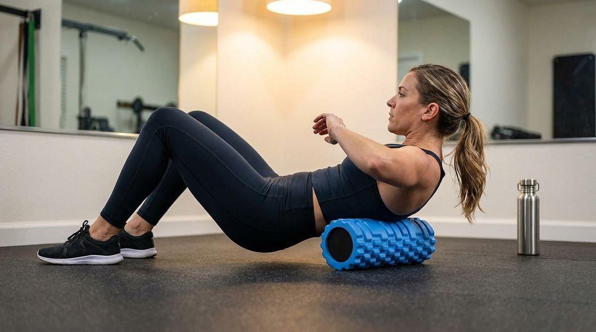 A woman in activewear uses a blue textured foam roller on her upper back on a gym floor.