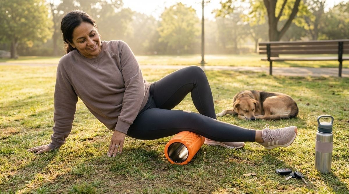 A woman in a park uses an orange foam roller on her calf muscle, with a dog resting nearby.
