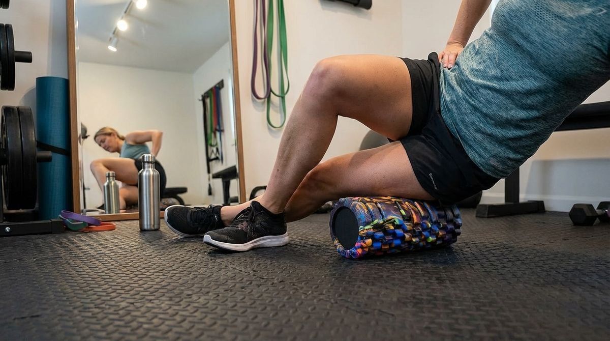 A person is using a colorful foam roller on their hamstring in a home gym setting.