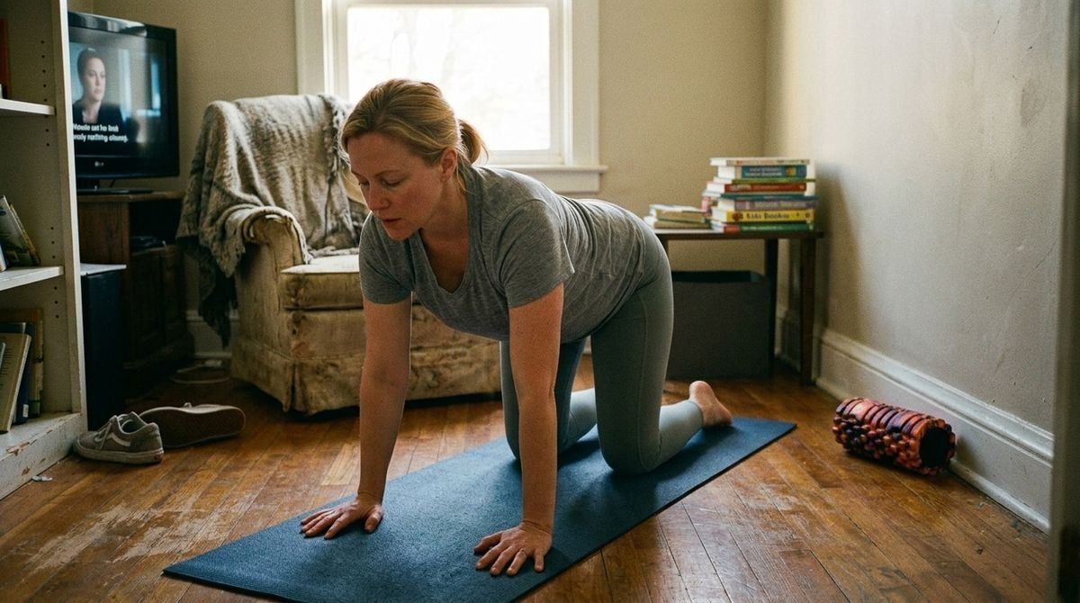 A woman in a grey t-shirt and leggings is on all fours on a blue yoga mat in a living room, with a foam roller nearby.