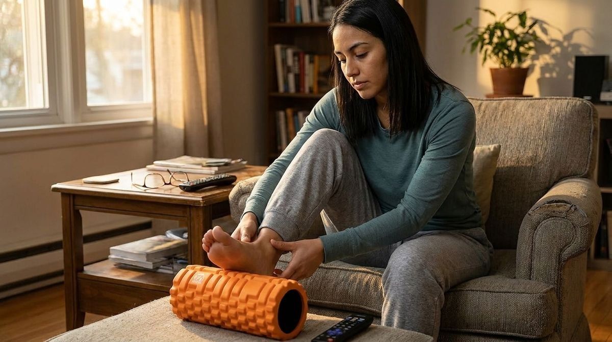 A woman sits on a couch, using an orange textured foam roller on the arch of her foot in a living room.