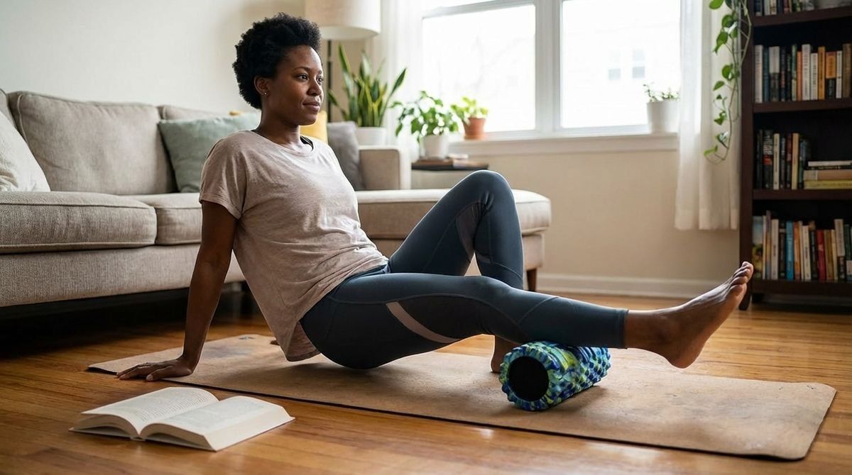 A woman uses a patterned foam roller on her calf muscle while sitting on a yoga mat in a living room.