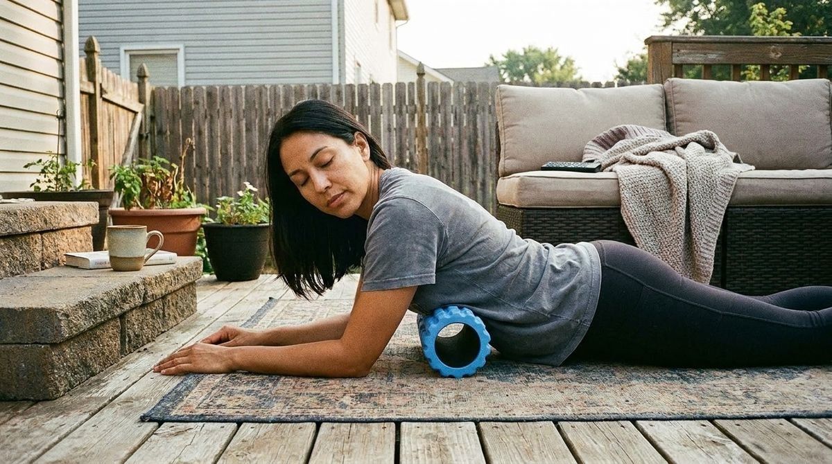 A woman is foam rolling her upper back on a rug on an outdoor wooden deck.