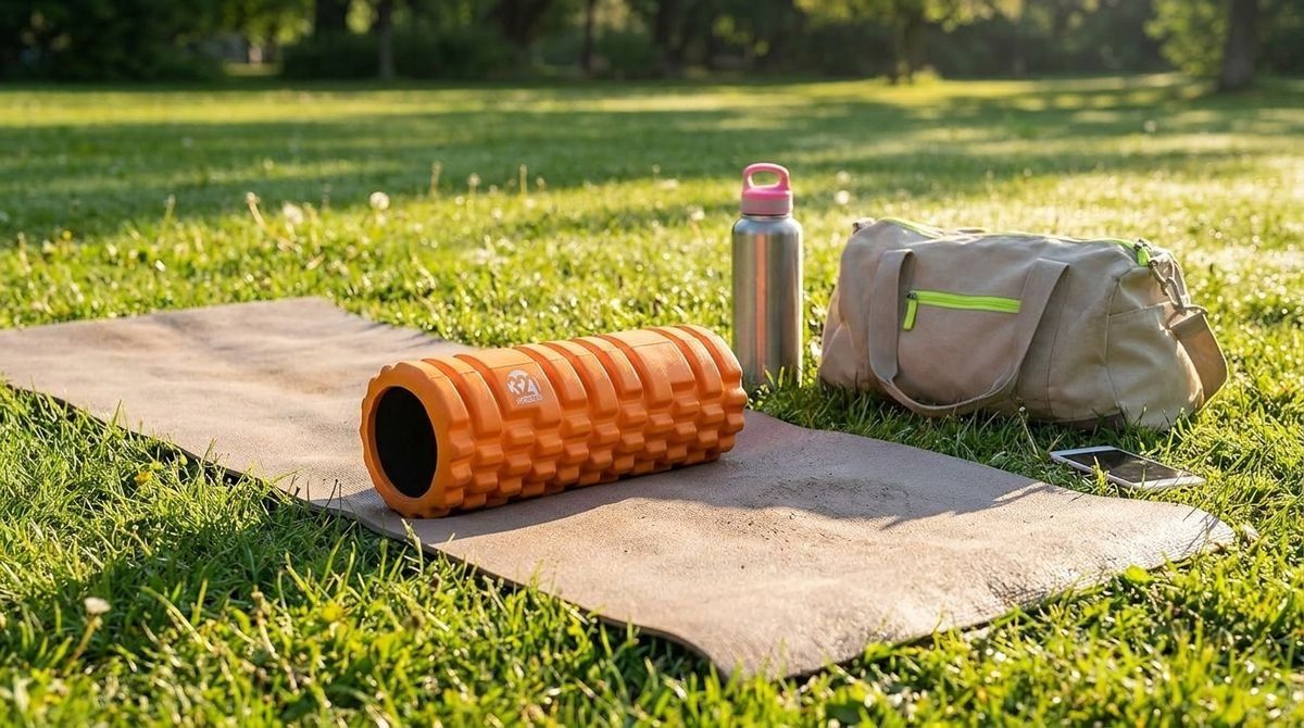 An orange foam roller, yoga mat, water bottle, and gym bag are arranged on a grassy lawn in a park.