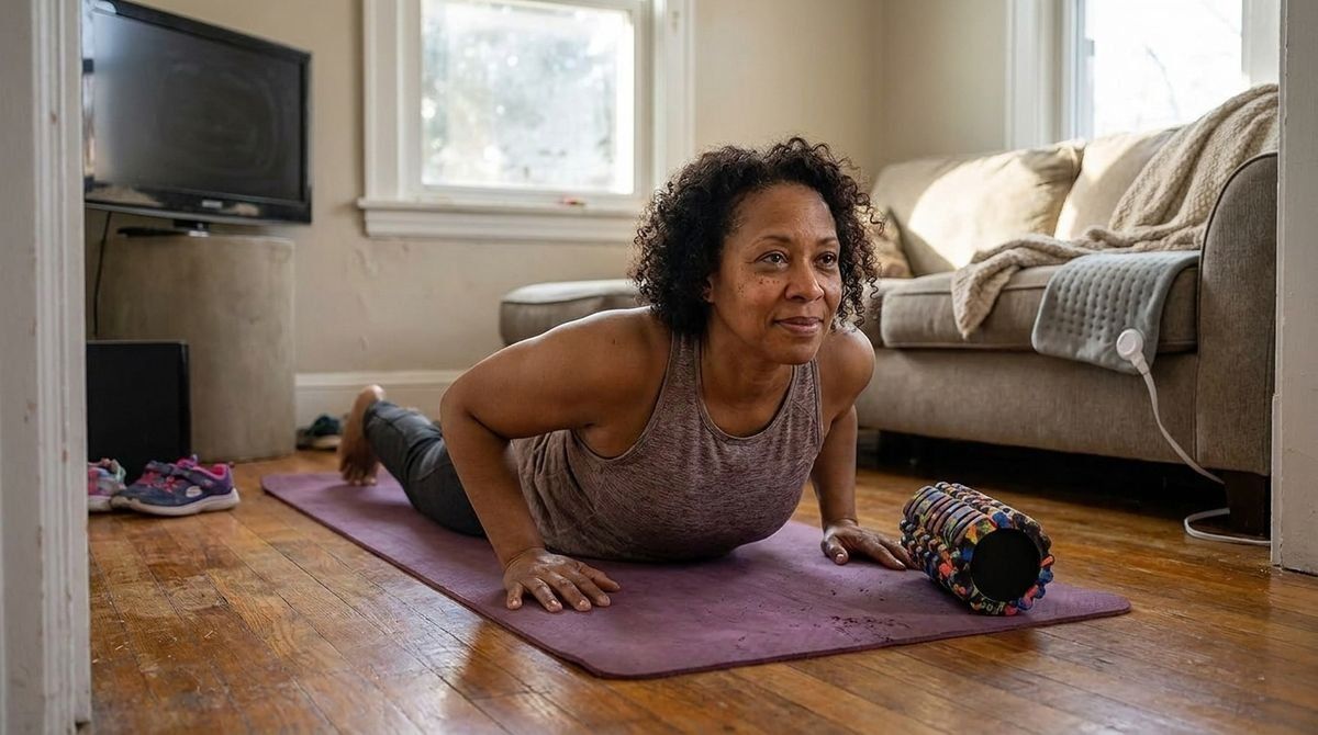 A woman in a tank top performs a cobra stretch on a purple yoga mat in a living room, with a patterned foam roller nearby.