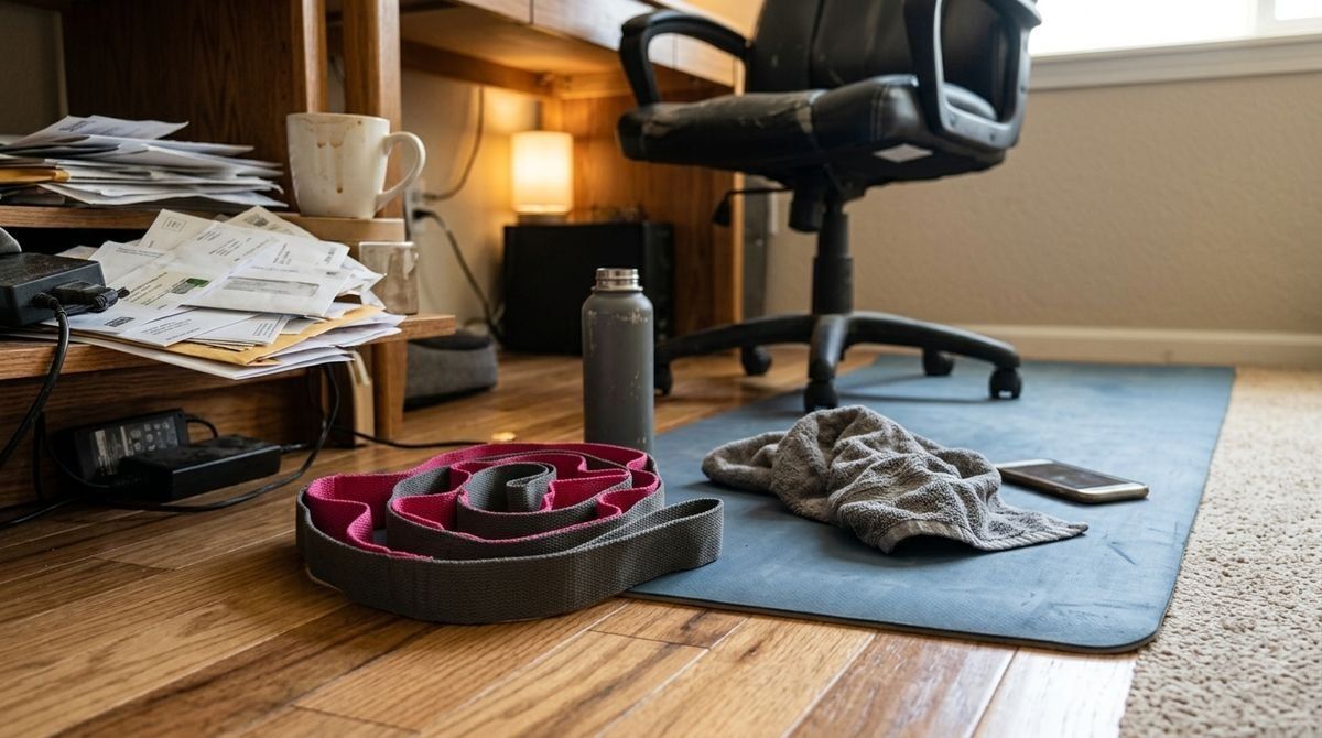 A grey and pink stretch strap, water bottle, and towel on a blue yoga mat in a cluttered home office.