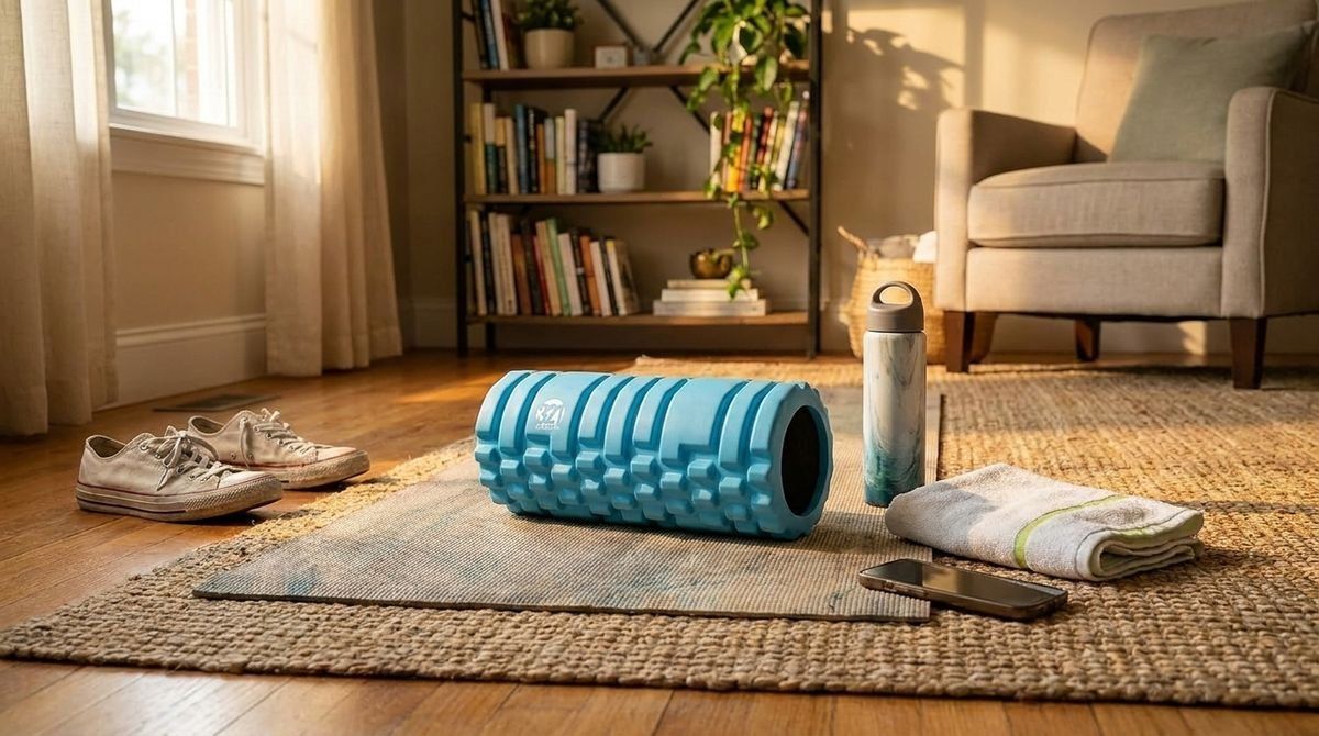 A blue textured foam roller, water bottle, towel, and phone on a yoga mat in a sunlit living room.