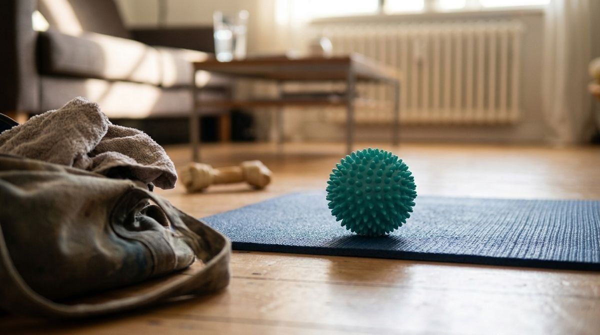 A spiky green massage ball rests on a blue yoga mat on a wooden floor in a sunlit living room.