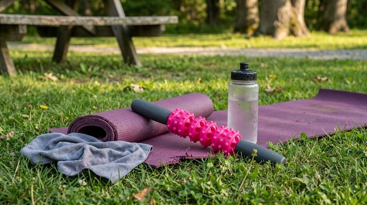 A pink massage roller stick, a purple yoga mat, a grey towel, and a water bottle are on the grass in a park.
