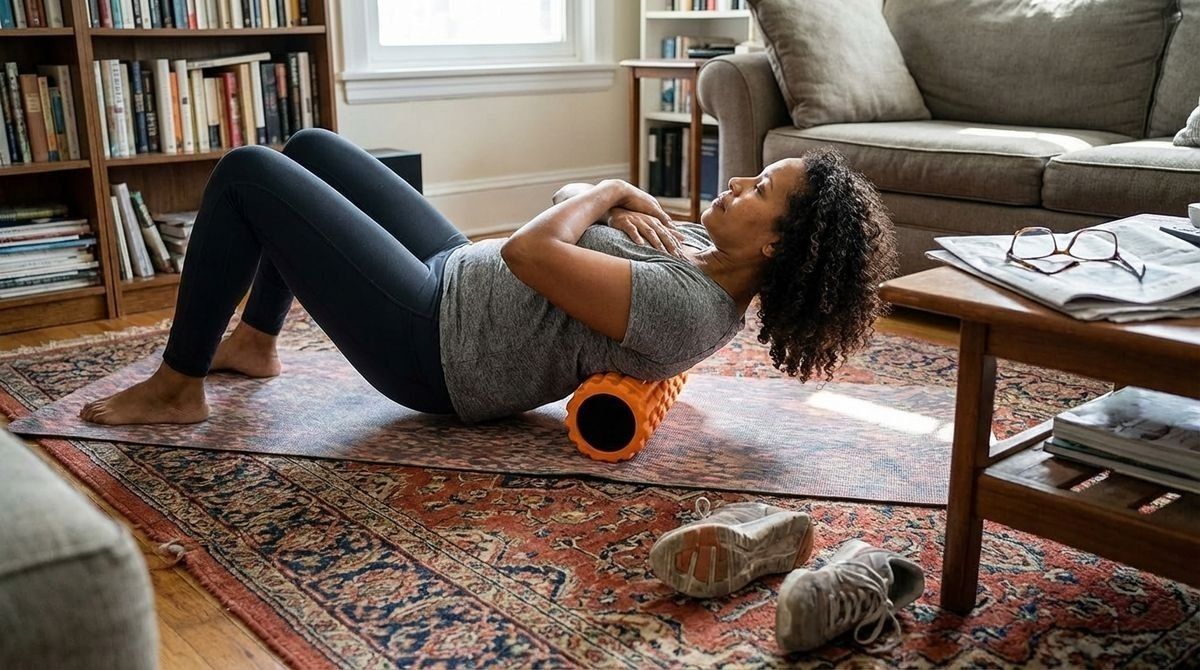 A woman with curly hair uses an orange foam roller on her upper back while lying on a yoga mat in a living room.
