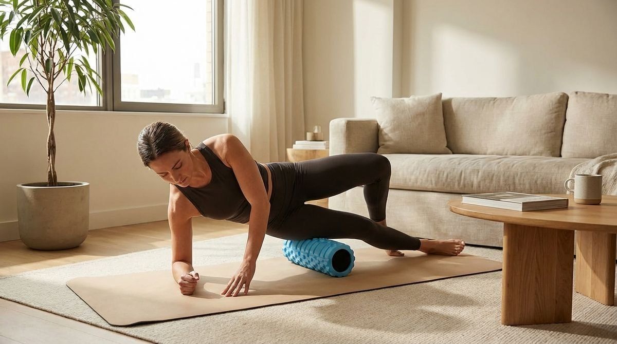 A woman in activewear uses a blue foam roller on her leg while on a yoga mat in a bright living room.