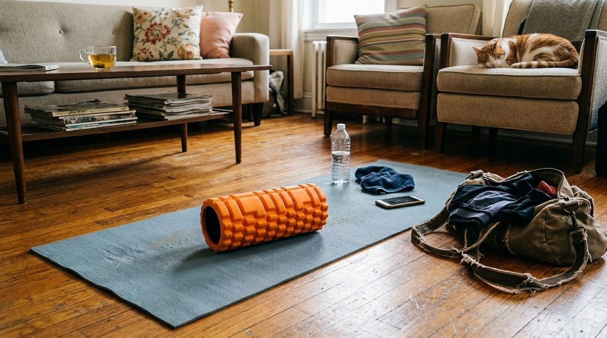 An orange foam roller, water bottle, towel, phone, and bag are on a blue mat in a living room.