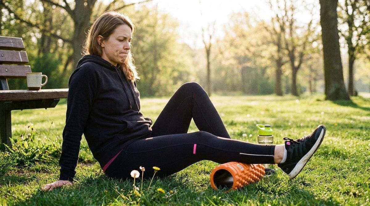 A woman in a park uses an orange foam roller on her calf muscle.