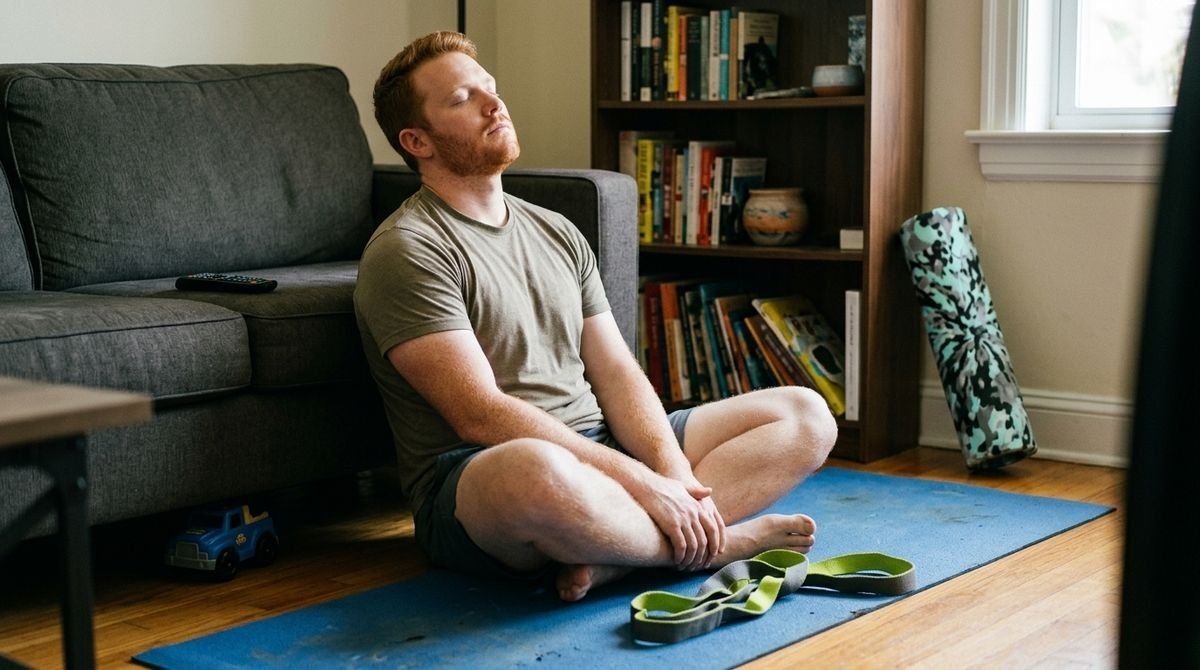 A man sits cross-legged on a blue yoga mat with a green stretch strap in front of him in a living room.