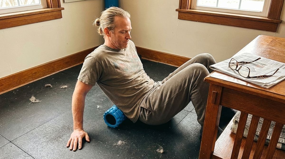 A man with his hair in a bun uses a blue textured foam roller on his upper back while sitting on a black mat in a room.