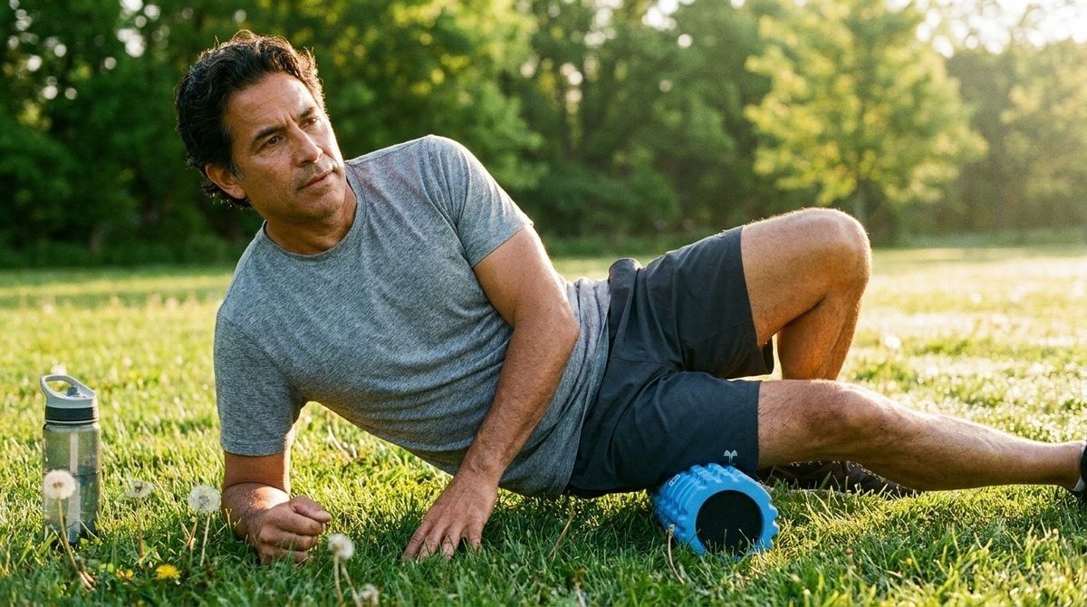 A man in a grey t-shirt and shorts uses a blue foam roller on his leg in a grassy park.